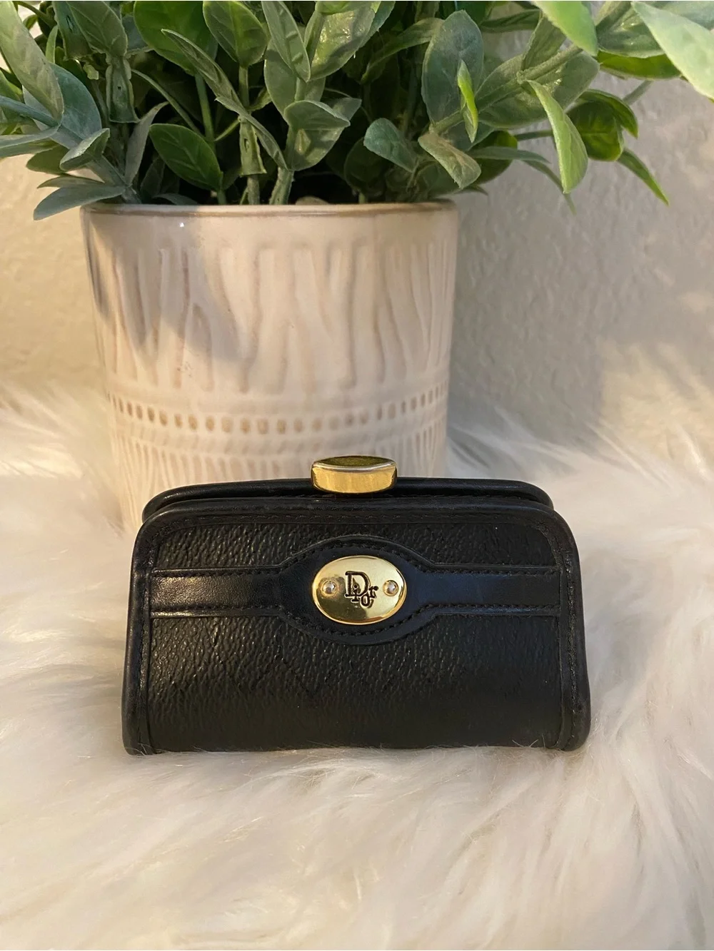 Dior Black Leather Coin Purse with Gold-Tone Logo Vintage beauty!